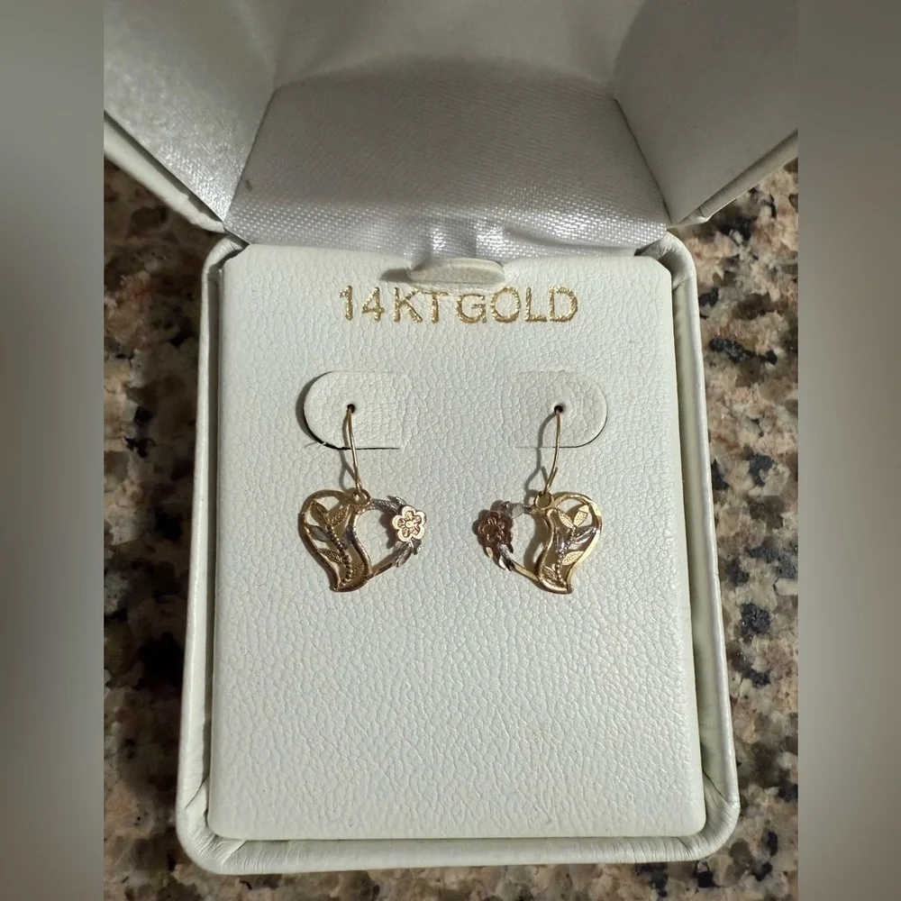 14KT Gold Heart Earrings with Rose Accents - Picture 3 of 6